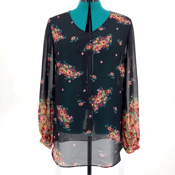 Cabi Blooming Blouse #3594, Floral Print Sheer Long Sleeve V-Neck Top, Medium - Picture 4 of 16